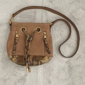 B. Makowsky Tan Leather Crossbody Bag with Snake Skin and Gold Accents - GUC